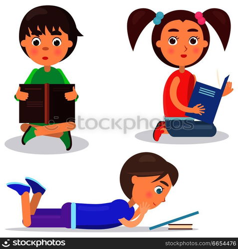 Concept of reading kids sitting, lying on floor and holding colored favorite books vector illustration isolated on white background. Concept of Reading Kids with Favorite Book Flat