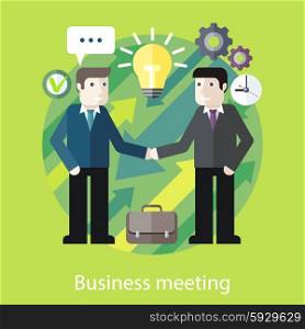 Concept of reason for a business meeting. Exchange of ideas. Two businessmen are talking. For web design, analytics, graphic design, in flat design style.