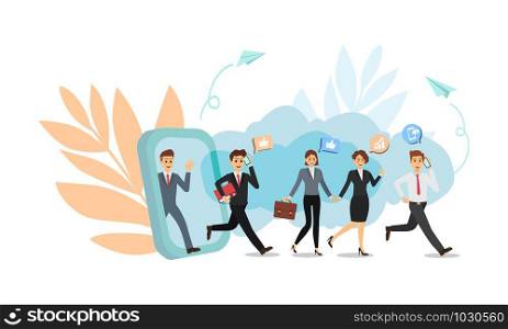 Concept of referral marketing promotion method. Group of businessman holding hands and walking out of giant smartphone. vector illustration.