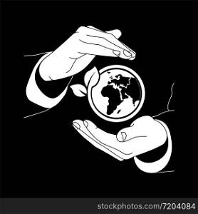 Concept of saving the earth, nature, ecology or hands holding the world with a sprout icon flat logo in white color on isolated black background. EPS 10 vector. Concept of saving the earth, nature, ecology or hands holding the world with a sprout icon flat logo in white color on isolated black background. EPS 10 vector.