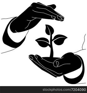 Concept of saving the earth, nature, ecology or two hands holding the world with a sprout icon flat logo in black color on isolated white background. EPS 10 vector. Concept of saving the earth, nature, ecology or two hands holding the world with a sprout icon flat logo in black color on isolated white background. EPS 10 vector.