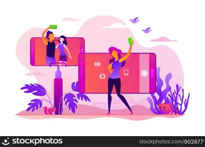 Concept of selfie culture, social network, blog, vlog, self-portrait, popularity. Colorful vector isolated concept illustration with tiny people and floral organic elements. Hero image for website.. Selfie vector concept vector illustration.