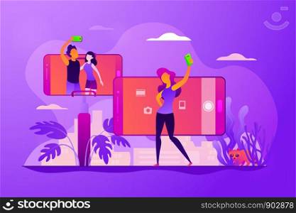 Concept of selfie culture, social network, blog, vlog, self-portrait, popularity. Colorful vector isolated concept illustration with tiny people and floral organic elements. Hero image for website.. Selfie vector concept vector illustration.