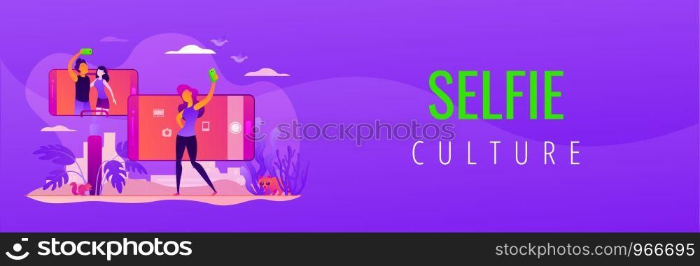 Concept of selfie culture, social network, blog, vlog, self-portrait, popularity. Vector banner template for social media with text copy space and infographic concept illustration.. Selfie vector web banner concept.