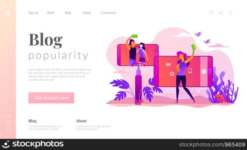 Concept of selfie culture, social network, blog, vlog, self-portrait, popularity. Website interface UI template. Landing web page with infographic concept creative hero header image.. Selfie vector landing page template.