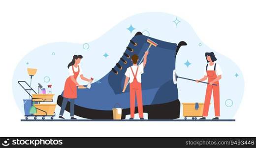 Concept of shoe shine services, little people shine footwear. Tiny men and women cleaning and washing huge boots. Professional cosmetics for leather, vector cartoon flat style isolated illustration. Concept of shoe shine services, little people shine footwear. Tiny men and women cleaning and washing huge boots. Professional cosmetics for leather, vector cartoon flat isolated illustration