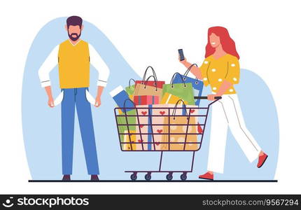 Concept of shopping addiction, female shopaholic buys lot of unnecessary things spending all money of man. Family financial problems. Shopaholic girl, addicted person vector cartoon flat illustration. Concept of shopping addiction, female shopaholic buys lot of unnecessary things spending all money of man. Family financial problems. Shopaholic girl vector cartoon flat illustration