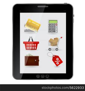 Concept of Shopping icons set ob abstract design table. Vector illustration