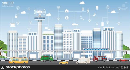 Concept of smart city on urban landscape with different icons and elements, Urban landscape with modern buildings and skyscrapers vector illustration.