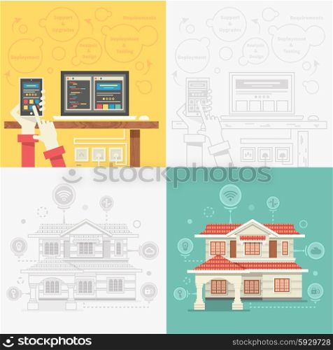 Concept of smart home and control device. Technology device, system mobile automation, monitoring energy power, electricity efficiency, equipment temperature, smart house, remote thermostat