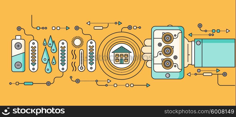 Concept of smart home and control device. Technology device, system mobile automation monitoring energy power electricity efficiency, equipment temperature, remote thermostat. Smart house illustration