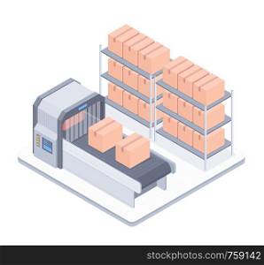 Concept of smart warehouse. Smart Automated boxing line in a warehouse. Design for landing page of modern logistics center. Vector 3d isometric illustration on white background.. Automated boxing line with conveyor belt isometric illustration