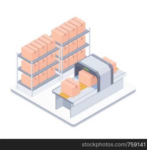 Concept of smart warehouse. Smart Automated packaging conveyor in a warehouse. Design for landing page of modern logistics center. Vector 3d isometric illustration on white background.. Automated packaging conveyor belt isometric illustration