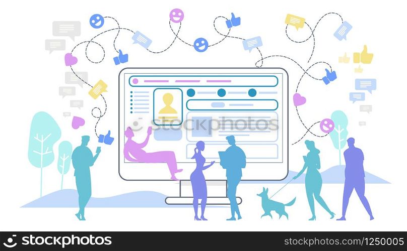 Concept of Social Networking. Male and Female Human Silhouettes at Huge Outline Monitor Connected with Internet Cyberspace. Wireless People Connection Around of World. Cartoon Flat Vector Illustration. Male and Female Human Silhouettes at Huge Monitor