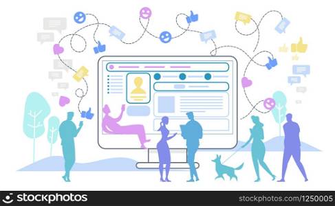 Concept of Social Networking. Male and Female Human Silhouettes at Huge Outline Monitor Connected with Internet Cyberspace. Wireless People Connection Around of World. Cartoon Flat Vector Illustration. Male and Female Human Silhouettes at Huge Monitor
