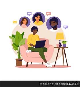 Concept of social promotion, refer a friend, refer and earn. Referral marketing. African woman sitting with laptop on armchair. Vector illustration.