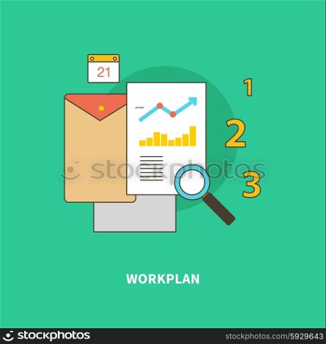 Concept of steps of the business process, worlflow. Formation of the workplan. For web design analytics graphic design and in flat design on colored background