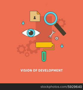 Concept of steps of the business process, worlflow. Vision of Development. For web design, analytics, graphic design and in flat design on colored background