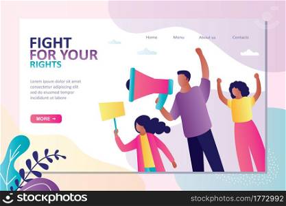 Concept of strike and protest. Landing page template. African american family with loudspeaker and poster on demonstration. Activists against injustice. Fight for human rights.Flat vector illustration. African american family with loudspeaker and poster on demonstration. Activists against injustice. Fight for human rights