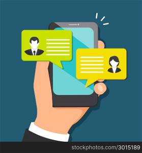 Concept of talking through the messenger in mobile devices. Chatting and corresponding with friens. Quotes with text in square bubbles in phone with notification. Vector illustration.. Concept of talking through the messenger.
