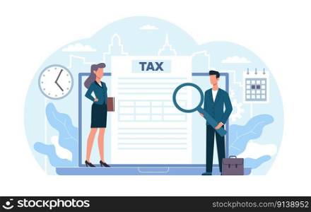 Concept of tax inspector budget analysis, man and woman overseeing compliance with financial laws. Research report and calculation, inspection. Cartoon flat isolated characters. Vector illustration. Concept of tax inspector budget analysis, man and woman overseeing compliance with financial laws. Research report and calculation. Cartoon flat isolated characters. Vector illustration