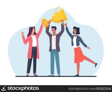 Concept of teamwork success, men and women celebrating victory with gold cup in hands. People celebrating victory in competition. Success business team vector cartoon flat style isolated illustration. Concept of teamwork success, men and women celebrating victory with gold cup in hands. People celebrating victory in competition. Success business team vector cartoon flat isolated illustration
