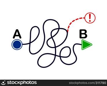 concept of the solution of the problem. Complex curved line by point A and B. Flat design
