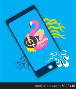 Concept of travel, girl on an inflatable pink flamingo in summer of swims and rests, online ordering holiday vouchers.. Concept of travel, girl on an inflatable pink flamingo in summer of swims and rests, online ordering holiday vouchers. Vector illustration.