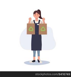 Concept of using of recycled paper bag to save the global warming. woman holding recyclable craft bag in both hands.
