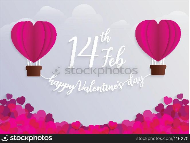 Concept of Valentine day, hot air balloon in a heart shape with Love message floating in the air, Paper art and craft style.