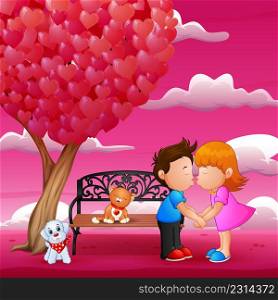 Concept of valentine day, two enamored under a love tree in the spring season