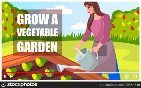 Concept of video player interface. Blogger shooting video about growing vegetable garden. Professional gardener making video tutorial for social network, internet or vlogs. Screensaver of video. Woman gardener shooting vlog about growing vegetable garden, cartoon video player interface