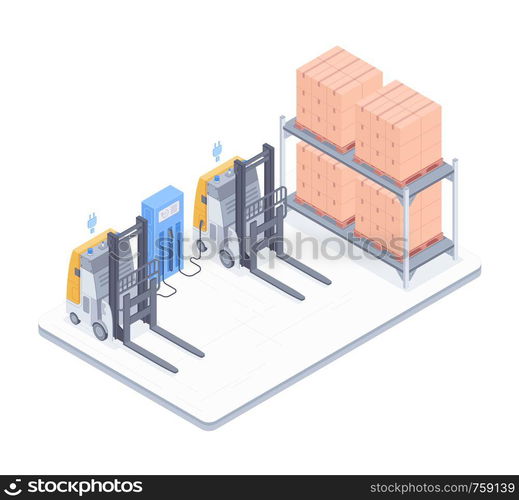 Concept of warehouse. Electric forklifts charging near racks with boxes in a warehouse. Design for landing page of logistics center. Vector 3d isometric illustration on white background.. Warehouse with forklifts isometric illustration