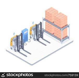 Concept of warehouse. Electric forklifts charging near racks with boxes in a warehouse. Design for landing page of logistics center. Vector 3d isometric illustration on white background.. Warehouse with forklifts isometric illustration