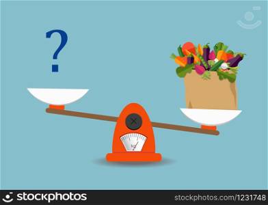 Concept of weight loss, healthy lifestyles, diet, proper nutrition. Vegetables and fast food on scales. Vector.. The concept of weight loss, healthy and unhealthy food. Arrow weights on vegetables or fast food. Choose. Vector.