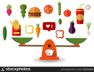 Concept of weight loss, healthy lifestyles, diet, proper nutrition. Vegetables and fast food on scales. Vector. Flat. Vector. Flat design. Concept of weight loss, healthy lifestyles, diet, proper nutrition. Vegetables and fast food on scales