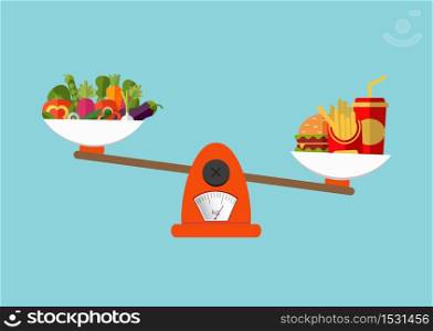 Concept of weight loss, healthy lifestyles, diet, proper nutrition. Vegetables and fast food on scales. Vector. Flat. Vector. Flat design. Concept of weight loss, healthy lifestyles, diet, proper nutrition. Vegetables and fast food on scales