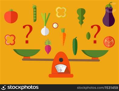 Concept of weight loss, healthy lifestyles, diet, proper nutrition. Vegetables and fast food on scales. Vector.