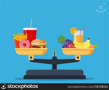 Concept of weight loss, healthy lifestyles, diet, proper nutrition. Vegetables and fast food on scales. Vector illustration in flat style. Concept of weight loss,