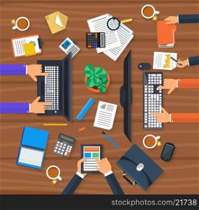 Concept of working process and workplace organization for business team. Top view of desk with businessman hands, laptops, computer, documents and different office objects in flat design