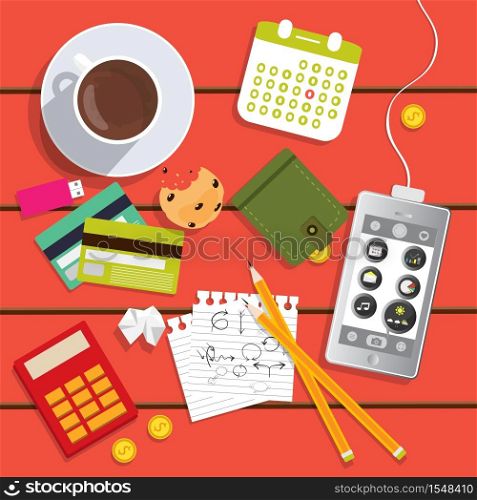 Concept of working process and workplace. Top view of desk with documents, smartphone and different office objects. Vector flat design.. Vector flat design. Concept of working process and workplace. Top view of desk with documents, smartphone and different office objects.