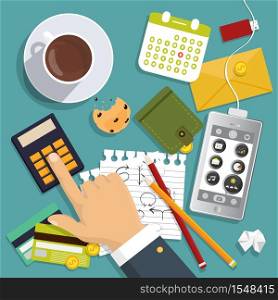 Concept of working process and workplace. Top view of desk with documents, smartphone and different office objects. Vector flat design.. Vector flat design. Concept of working process and workplace. Top view of desk with documents, smartphone and different office objects.