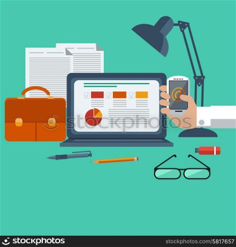 Concept of workplace with hands holding smartphone, laptop, briefcase, lamp and different office objects