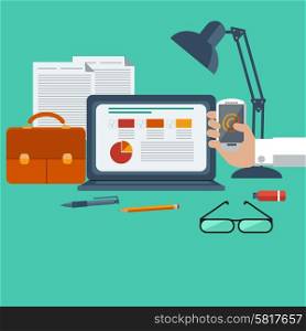 Concept of workplace with hands holding smartphone, laptop, briefcase, lamp and different office objects