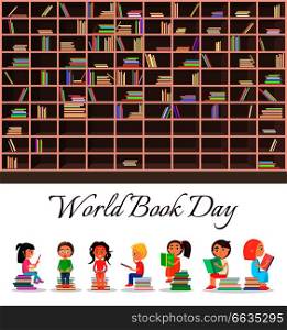 Concept of world book day with big brown bookcase and reading children siting on color pile of literature vector illustration.. Concept of World Book Day with Big Brown Bookcase