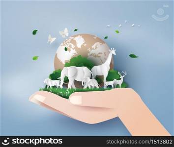 Concept of World Wildlife Day with the animal in forest , Paper art and digital craft style.