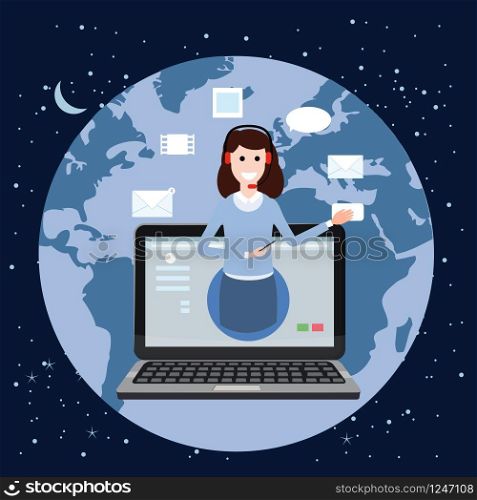 Concept online assistant, customer and operator, call centre, online global technical support 24-7.. Concept online assistant, customer and operator, call centre, online global technical support 24-7. Earth background. Vector illustration female hotline operator advises client, virtual help service.