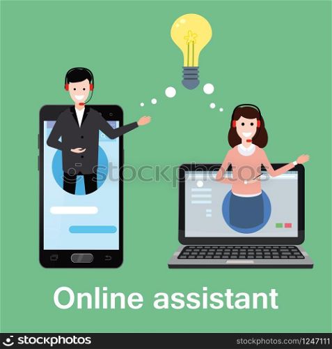Concept online assistant, customer and operator, call centre, online global technical support 24-7.. Concept online assistant, customer and operator, call centre, online global technical support 24-7. Vector illustration male and female hotline operator advises client, virtual help service. Smartphone and notebook devices