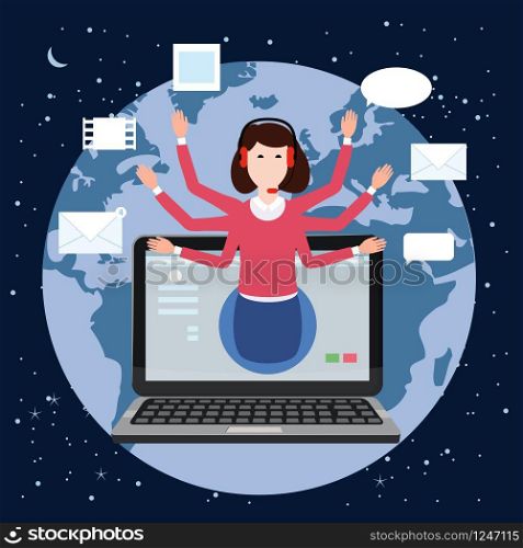 Concept online assistant, customer and operator, call centre, online global technical support 24-7.. Concept online assistant, customer and operator, call centre, online global technical support 24-7. Earth background. Vector illustration female hotline operator advises client, virtual help service.