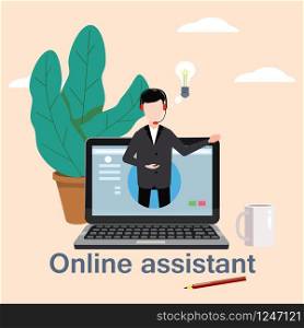 Concept online assistant, customer and operator, call centre, online global technical support 24-7.. Concept online assistant, customer and operator, call centre, online global technical support 24-7. Vector illustration male hotline operator advises client, virtual help service.